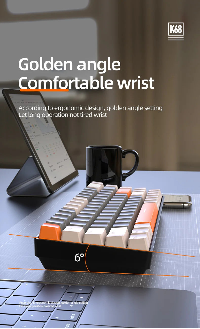 FREEWOLF K68 Mechanical Keyboard, Bluetooth Wireless, Blue and Red Switches, Hot-swap, Small Size Mini Keyboard