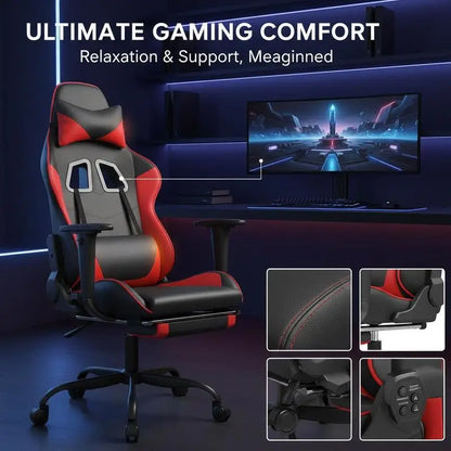 Massage Gaming Chair with Footrest Black and Red 66X56X120.5-131 cm in Imitation Leather, Reclining 360° Swivel Chair Maximum 110 kg