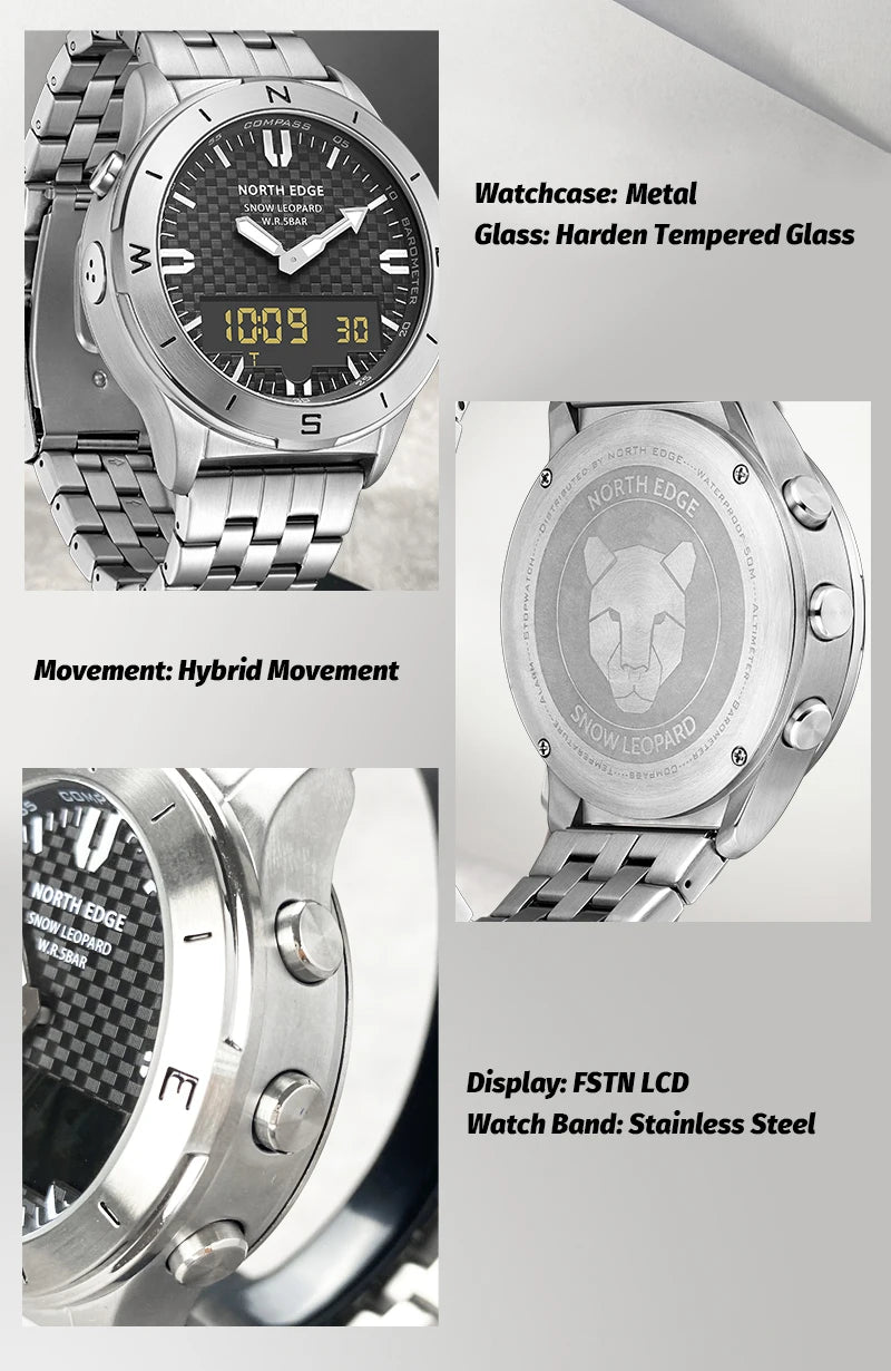 Relógio digital desportivo NORTH EDGE para homem, relógio de luxo empresarial para homem, impermeável 50M, altímetro, barómetro, bússola e mostrador luminoso