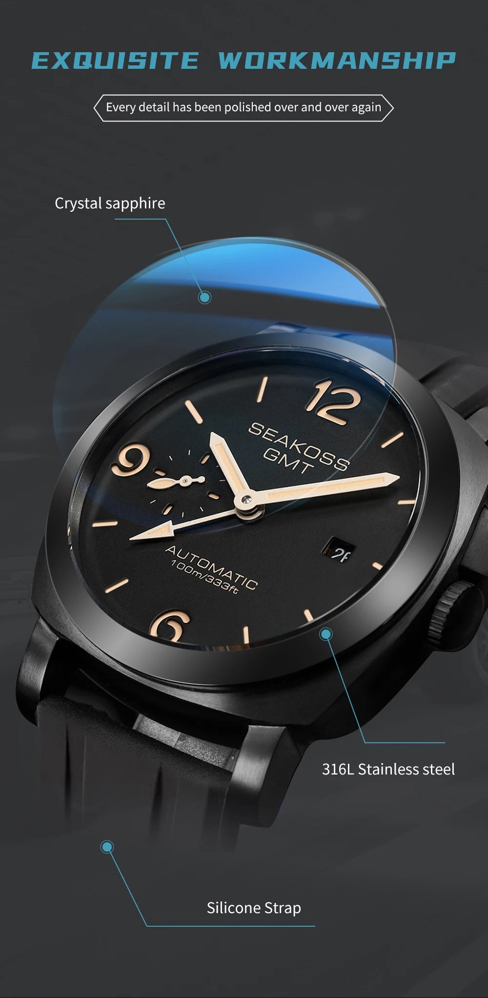 SEAKOSS GMT Men‘s Diving Automatic Mechanical Watches Seagull ST2557 Movement 316L Super Luminous Calendar 10Bar Reloj Homber