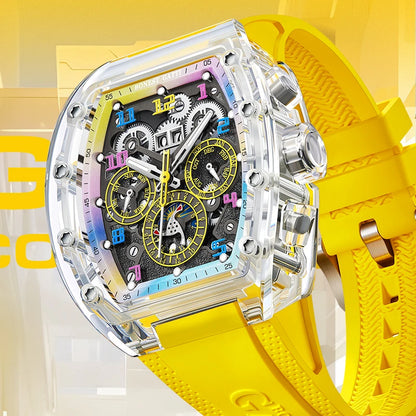 BONEST GATTI Automatic Watch Tonneau Mechanical Wristwatch K9 Crystal Case Rubber Strap Multi Dial Watches For Men