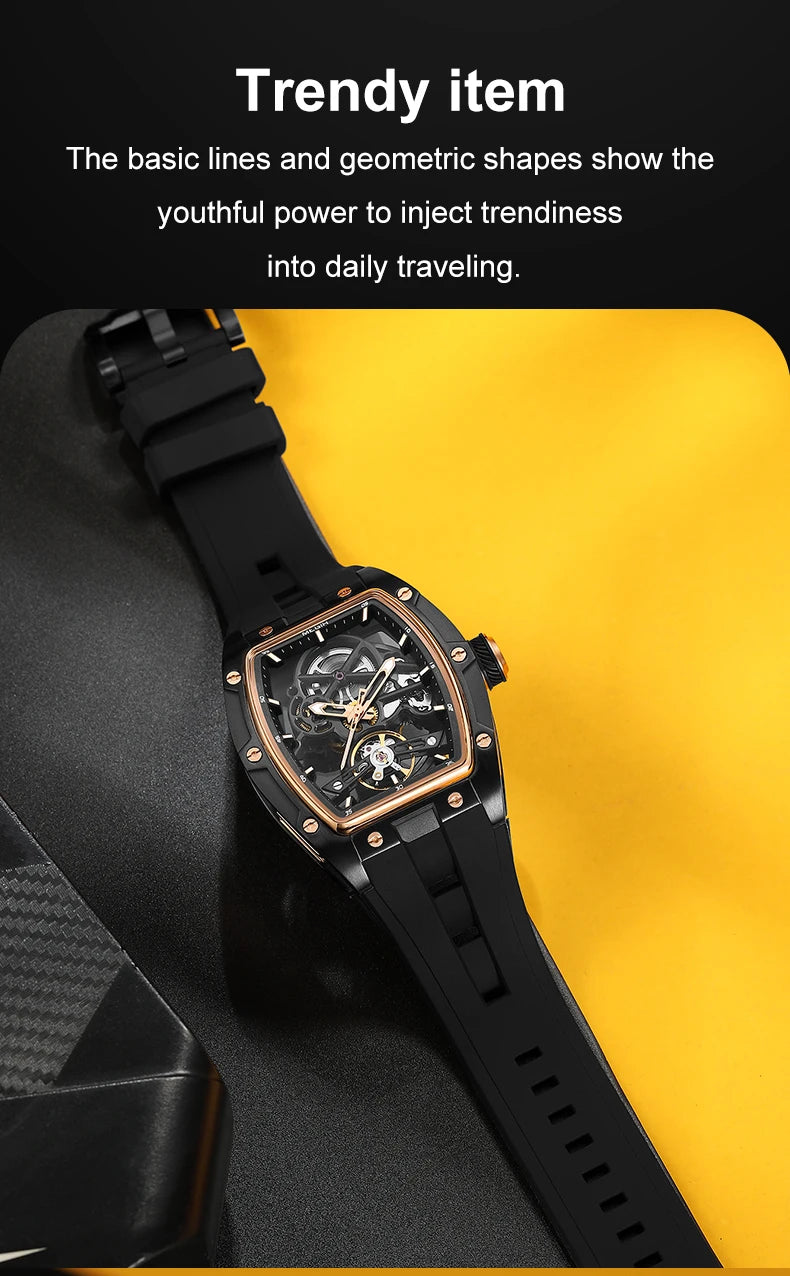 MEGIR 2242 Blue Automatic Watch for Men Sport Waterproof Stainless Steel Mechanical Wristwatch with Silicone Strap Skeleton Dial