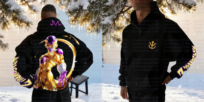 Dragon Ball Z Frieza Black Hoodie Set Golden Form Back Print Purple Energy Effect Cotton Sweatshirt with M Logo Design