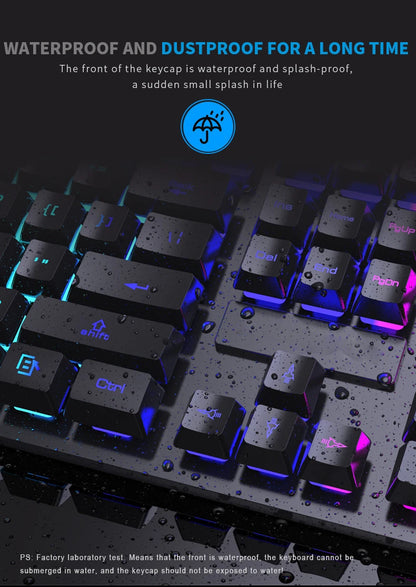 Conjunto de teclado com fios de 104 teclas com retroiluminação RGB e efeito de respiração, teclado gaming ergonómico e rato para computador, portátil, gamer e escritório