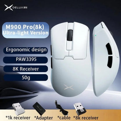 Rato Gaming Sem Fios Delux M900PRO Versão Ultraleve Ergonómico 1K/8K Polling Rate 50g PAW3395 para Destro com Mão Grande PC Gamer