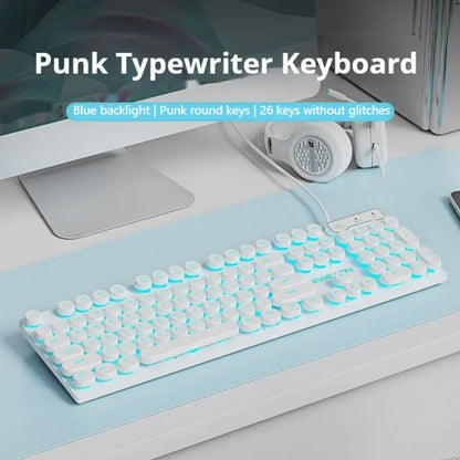EWEADN GX330 Typewriter Gaming Keyboard, 104 Keys Wired Round Keycaps with Blue Backlit USB Wired Computer External Keyboards