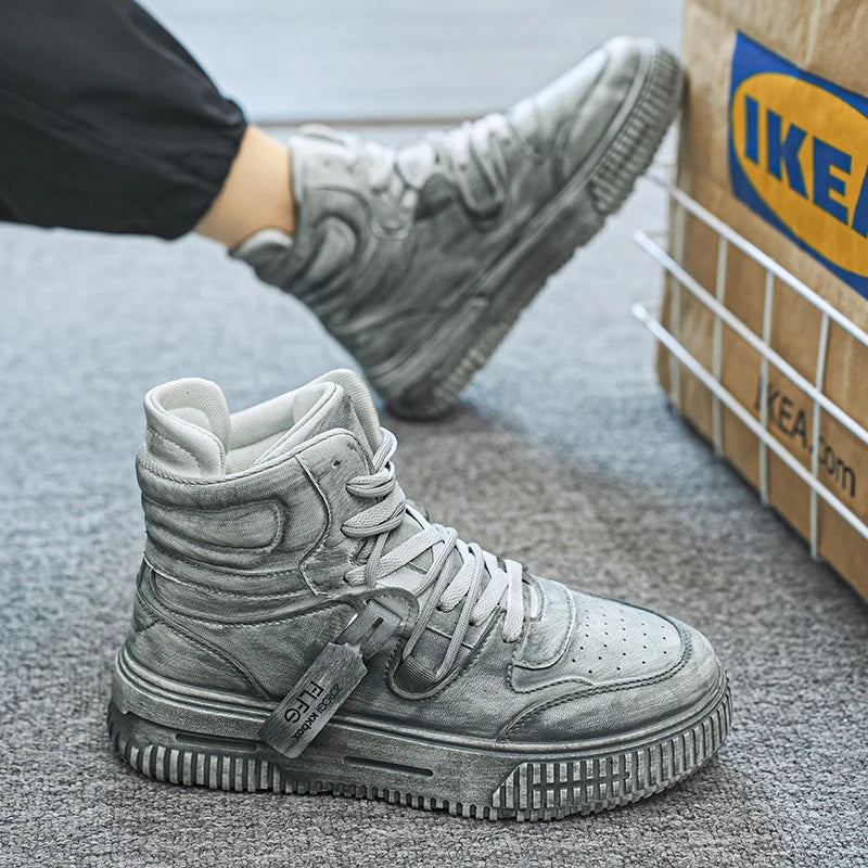 Autumn and winter high top men's shoes fashion trend retro gray children's and young men's parent-child shoes work sports and le