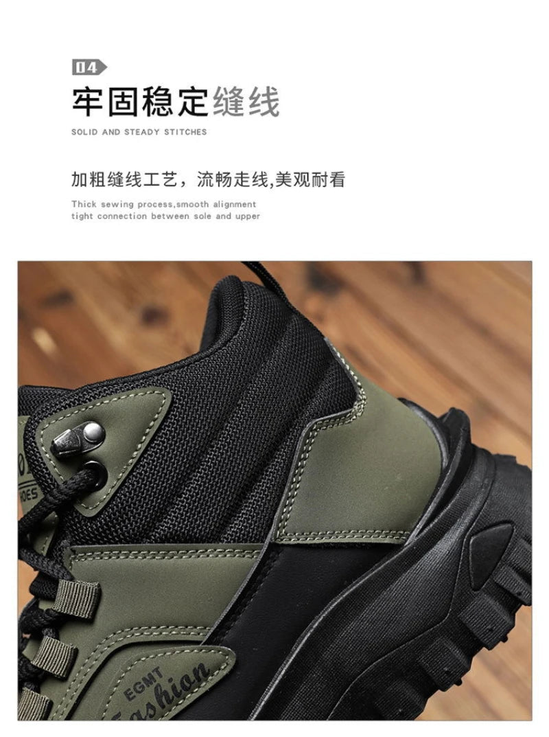 Men'S Black And White Mid Top Hiking Boots Waterproof Leather Platform Sneakers Non Slip Outdoor Casual Shoes With Rugged Sole