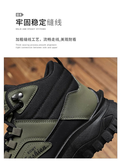 Men'S Black And White Mid Top Hiking Boots Waterproof Leather Platform Sneakers Non Slip Outdoor Casual Shoes With Rugged Sole