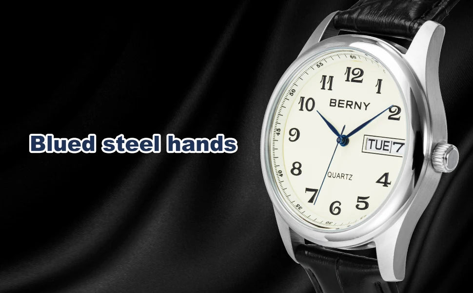 BERNY Quartz Watch for Men Miyota 2405 Business Male Wristwatch Day Top Calendar Genuine Leather Classic Men Watches Waterproof