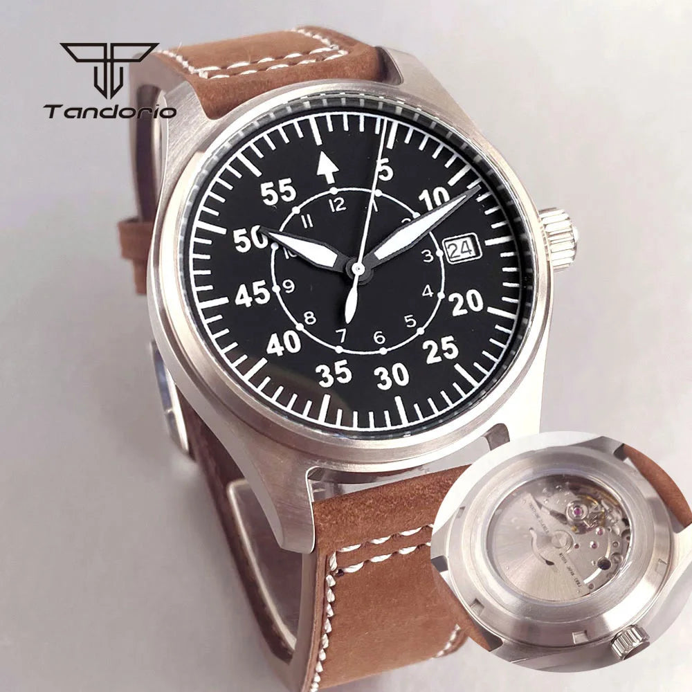 Tandorio 39mm Pilot Men's Diving Automatic Watch AR Sapphire Miyota8215/PT5000 Movt Mechanical Steel Wristwatch 20BAR Green Lume