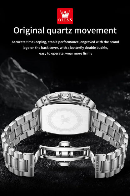 OLEVS New Design Tonneau Watch Men Luminous Waterproof Date Stainless Steel Chronograph Quartz Watches for Men Relogio Masculino