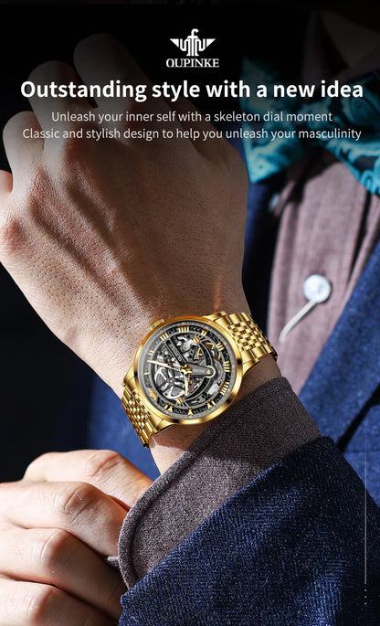 OUPINKE 3173 Skeleton Automatic Mechanical Watch Luxury Brand 50M Waterproof Watch Leather Strap Mens Watch Box Gifts Reloj
