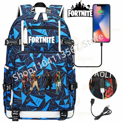 Mochila Red Jade F-Fortnited Battle Royale com carregamento USB, figuras anime e compartimento para material escolar para estudantes