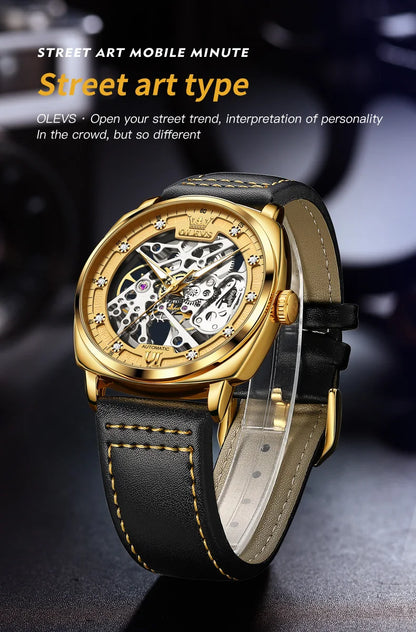 OLEVS 6651 Men's Watch Classic Automatic Mechanical Watch For Men Hollow Skeleton Clock Luxury Leather Waterproof Wrist Watches
