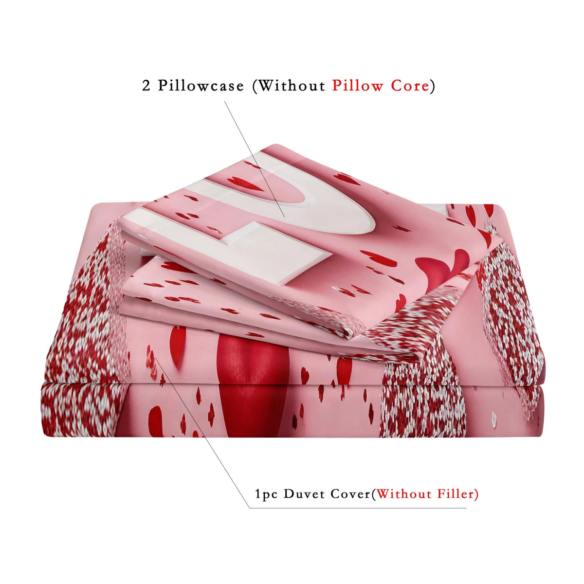 3Pcs Romantic Love Letter Red Rose Flower Pattern Bedding Set Included 1 Duvet Cover & 2 Pillowcases For Home Dorm Hotel Decor