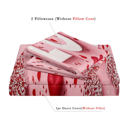 3Pcs Romantic Love Letter Red Rose Flower Pattern Bedding Set Included 1 Duvet Cover & 2 Pillowcases For Home Dorm Hotel Decor