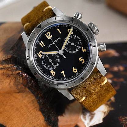 San Martin Vintage Men Quartz Watch Pilot VK64 Chronograph Watches Waterproof Luminous Quick Release Leather Strap SN0127