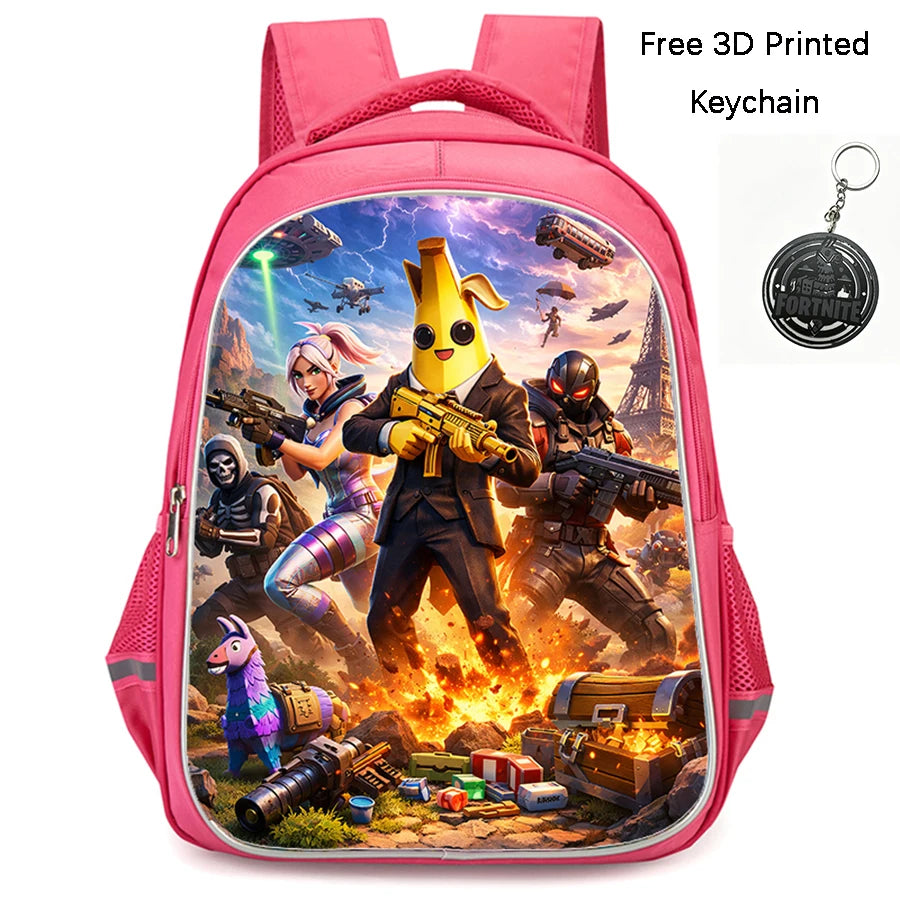 FORTNITE 16-inch Durable Lightweight Backpack, Dual Zipper Pockets, Cartoon Style for Boys & Girls 6-10,Free 3D Printed Keychain