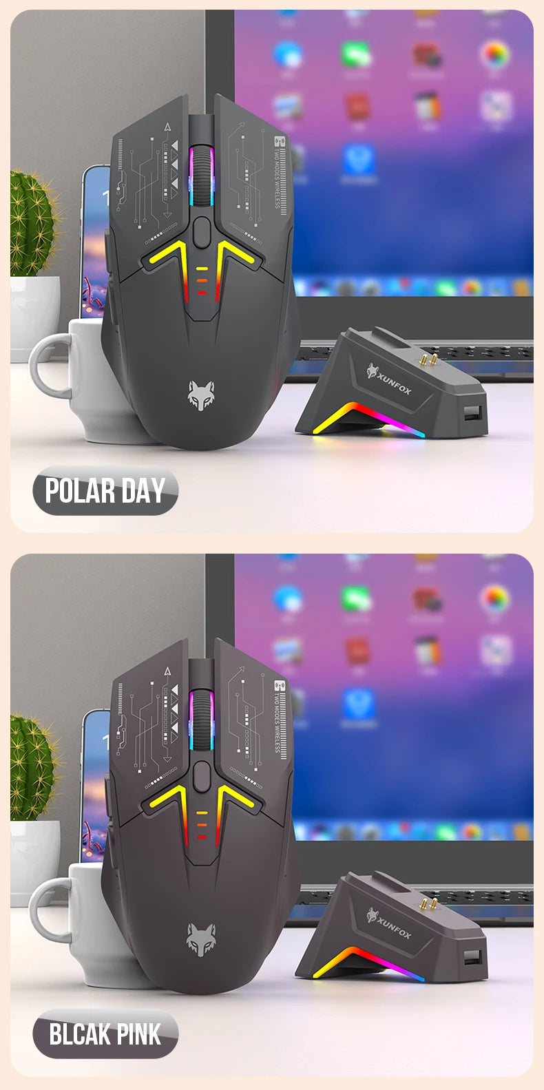 Rato XUNSVFOX H2 sem fios Bluetooth de modo duplo, iluminação RGB, para portátil, gaming e escritório, com carregamento magnético