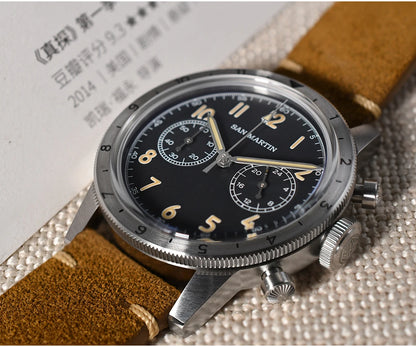 San Martin Vintage Men Quartz Watch Pilot VK64 Chronograph Watches Waterproof Luminous Quick Release Leather Strap SN0127