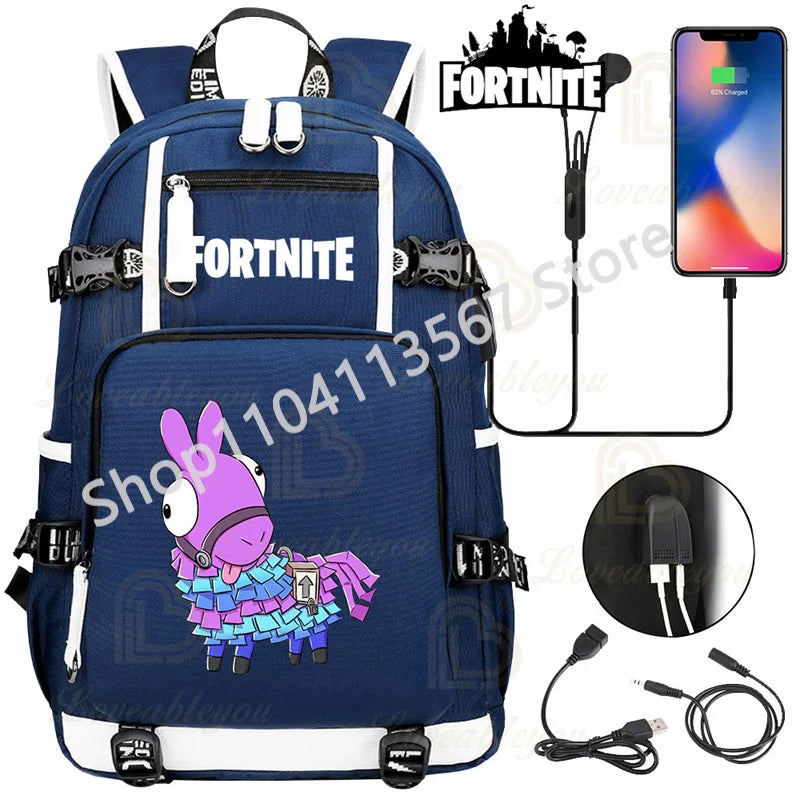 Mochila Red Jade F-Fortnited Battle Royale com carregamento USB, figuras anime e compartimento para material escolar para estudantes