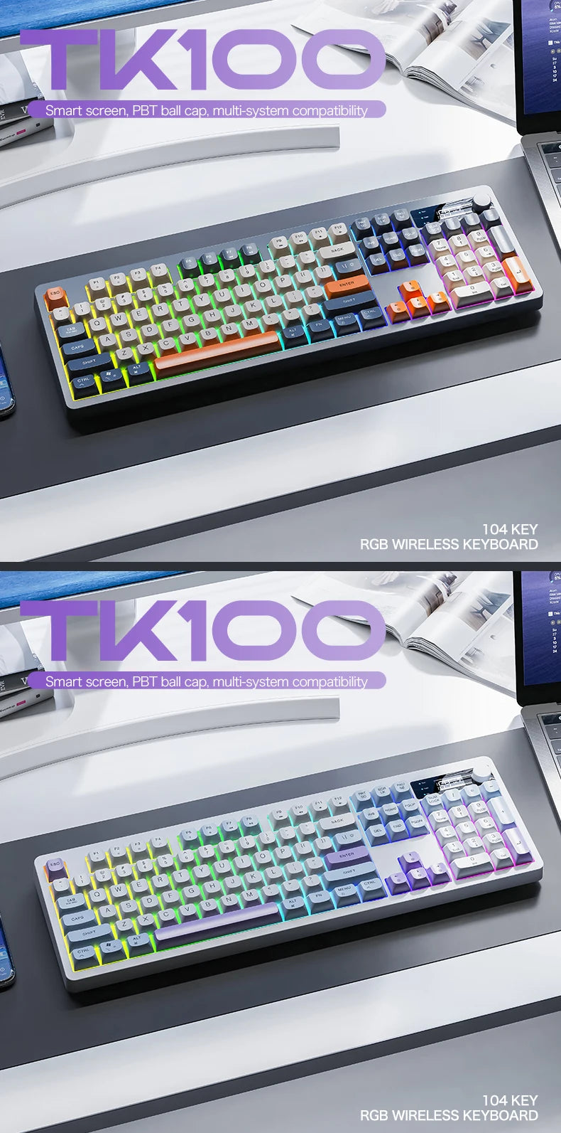 Teclado XUNFOX TK100 sem fios 2.4 Bluetooth de modo duplo para gaming, silencioso, escritório e portátil, universal