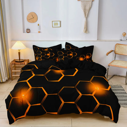 3pcs Geometric 3D Hexagonal Honeycomb Pattern Duvet Cover Set, Digital Print Colorful Polyester Bedding with Zipper Closure