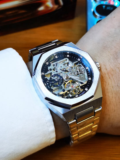 Forsining Tourbillon Skeleton Mechanical Watch for Men Luminous Hands Stainless Steel Strap Fashion Business Automatic Watches