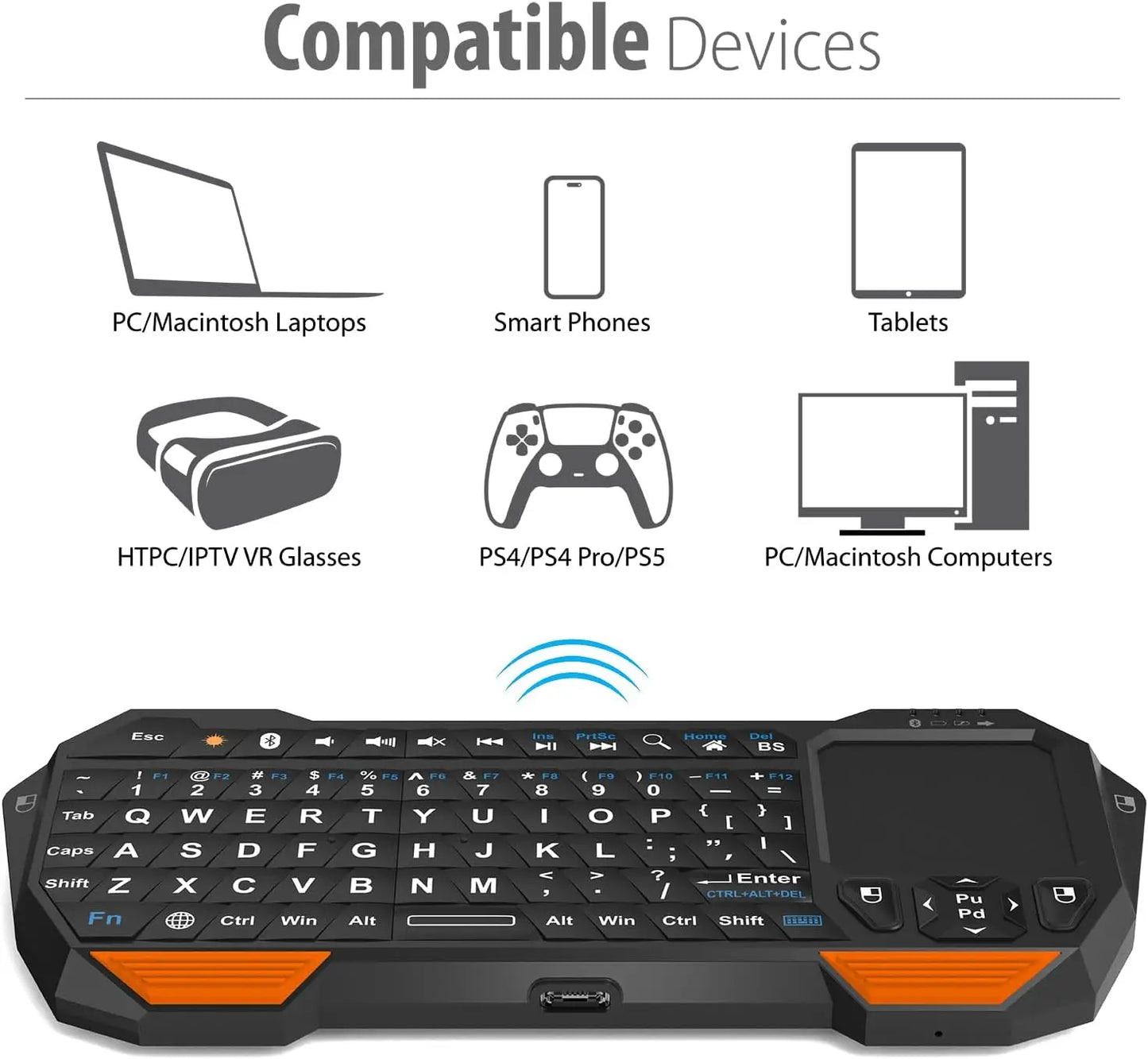 Mini Bluetooth Keyboard (QWERT) Rechargeable Wireless Keyboard with Touchpad for TV, PS4, PS4 Pro, PS5 Phone Laptop