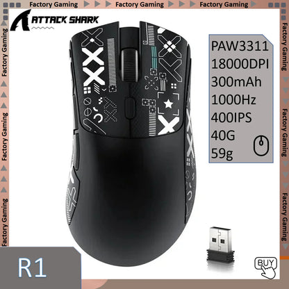 Rato ultraleve ATTACK SHARK R1 59g com PAW3311, 18000DPI, 400IPS, 40G, 1000Hz, Tri-Mode, controlador Broadcom BK3633, 20 milhões de cliques