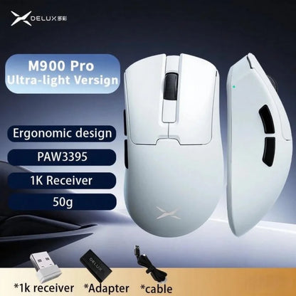 Rato Gaming Sem Fios Delux M900PRO Versão Ultraleve Ergonómico 1K/8K Polling Rate 50g PAW3395 para Destro com Mão Grande PC Gamer