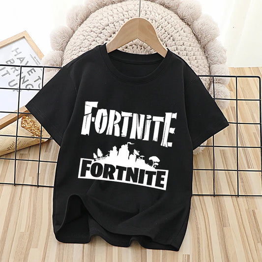 T-shirt infantil branco de algodão com estampado cartoon do tema Fortnite, manga curta, verão, jogo popular