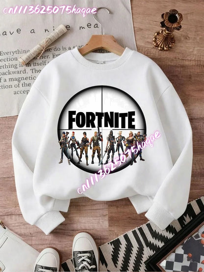 Sweat-shirts Fortnite novos para criança, hoodie com estampado de personagens de jogo em estilo cartoon, tops casuais de outono para criança, roupa de inverno para bebé menino