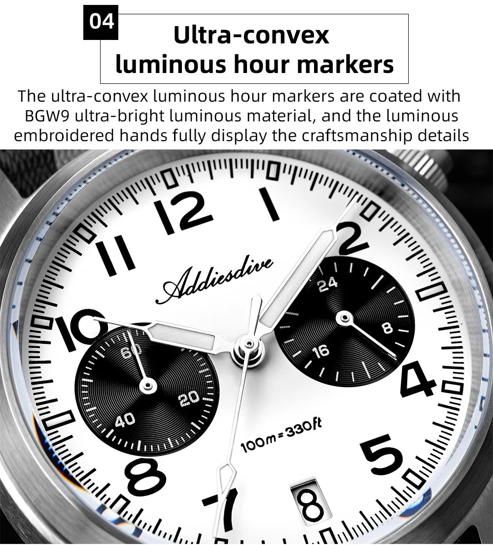 ADDIESDIVE 2025 Novo Relógio Masculino Panda Eye Retro de Luxo VK64 Quartz, Cronógrafo Desportivo para Homem, 100M Impermeável, Luminoso
