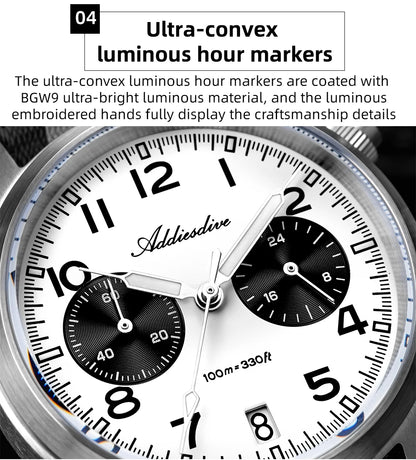 ADDIESDIVE 2025 Novo Relógio Masculino Panda Eye Retro de Luxo VK64 Quartz, Cronógrafo Desportivo para Homem, 100M Impermeável, Luminoso