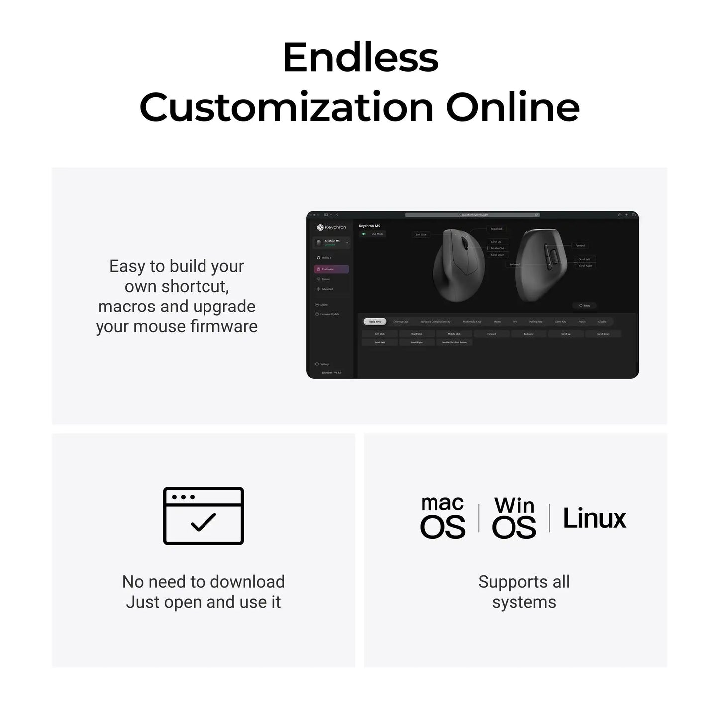 Rato Ergonómico Sem Fios Keychron M5 Ótico com Taxa de Polling 8K, 2.4GHz e Bluetooth, USB Type-C, Sensor 3950