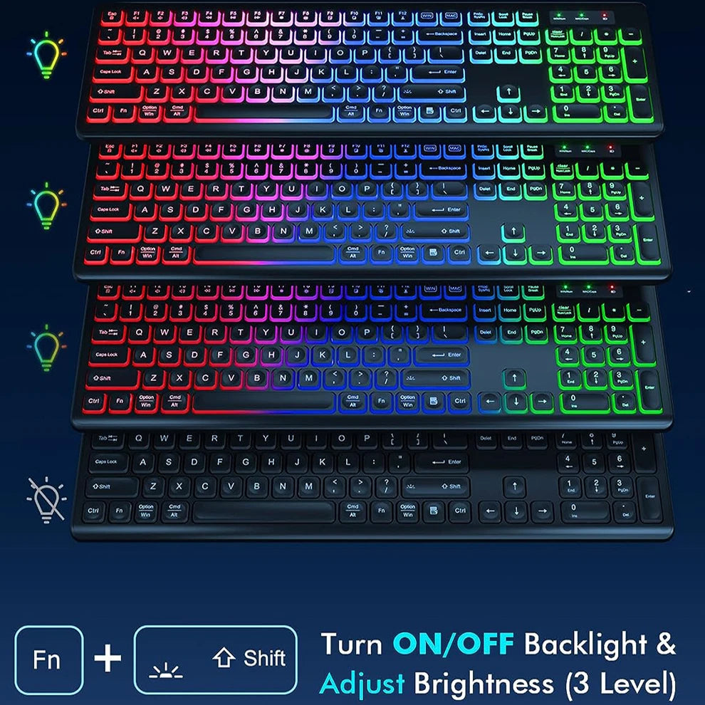 Conjunto de Teclado e Rato Sem Fios com Retroiluminação RGB, Letras Iluminadas Recarregáveis, Tamanho Completo, Ergonómico, Modo de Suspensão, 2.4GHz