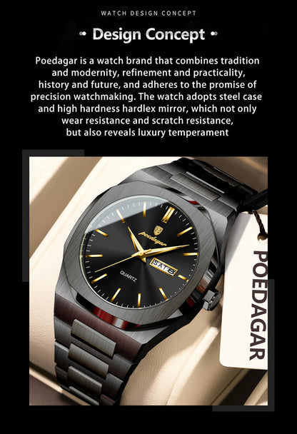 POEDAGAR Fashion Brand Male Watch Waterproof Luminous Stainless Steel Watches For Men Date Week Casual Quartz Men's Clock Reloj
