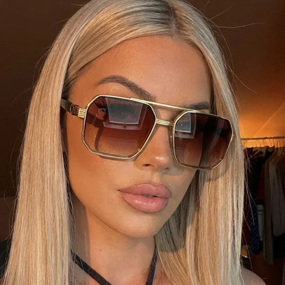 Trendy Women Luxury Polygonal Sunglasses Double Beam Men Metal Sunglass Outdoor Driving Shade Unisex