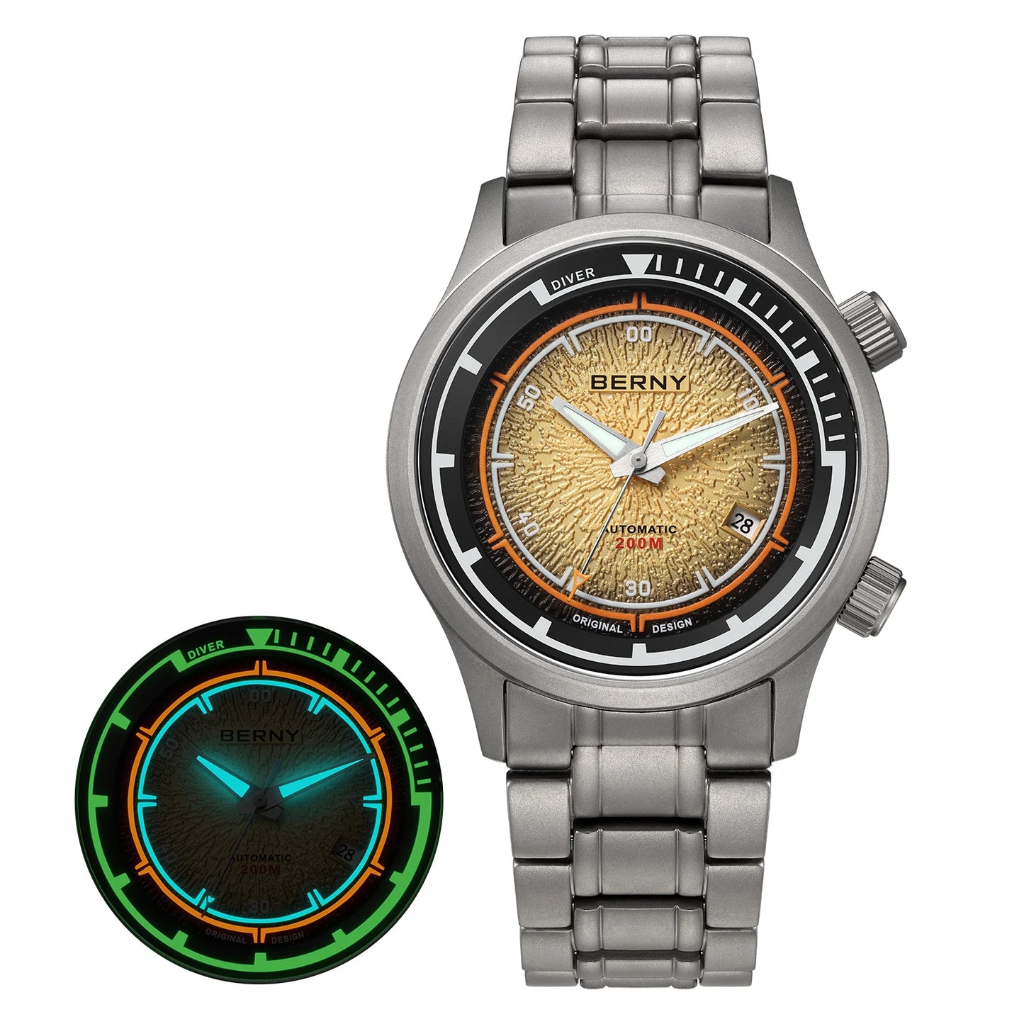 BERNY Titanium Diver Watches for Men 20ATM Super Luminous Automatic Mechanical Men's Dive Watch Sapphire Swim Diving Wristwatch
