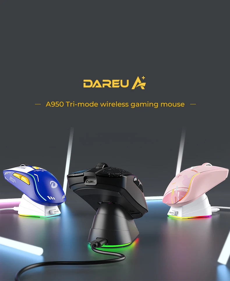 DAREU A950 Tri-Mode Wireless Gaming Mouse with Charging Dock, Bluetooth, 2.4G & Wired RGB Gaming Mouse, 12000 DPI Ergonomic Gaming Mouse for PC & Laptop