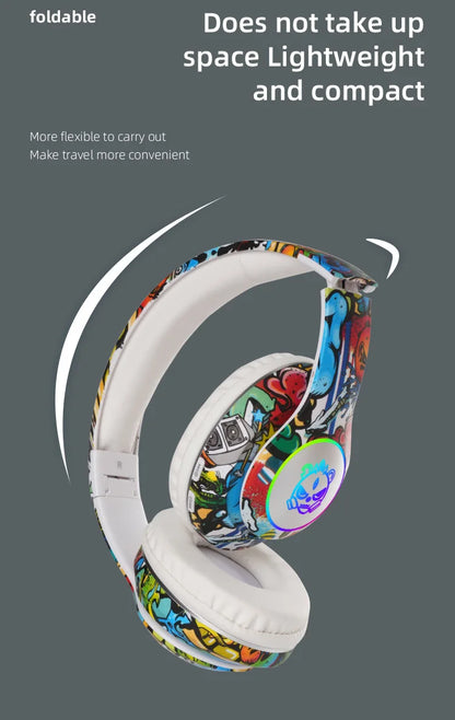 Auscultadores Gaming Bluetooth Sem Fios New Graffiti LX-8686 com Microfone, Iluminação LED, Suporte para Cartão TF, Graves Profundos e Design Over-Ear para PC, Gaming e Crianças