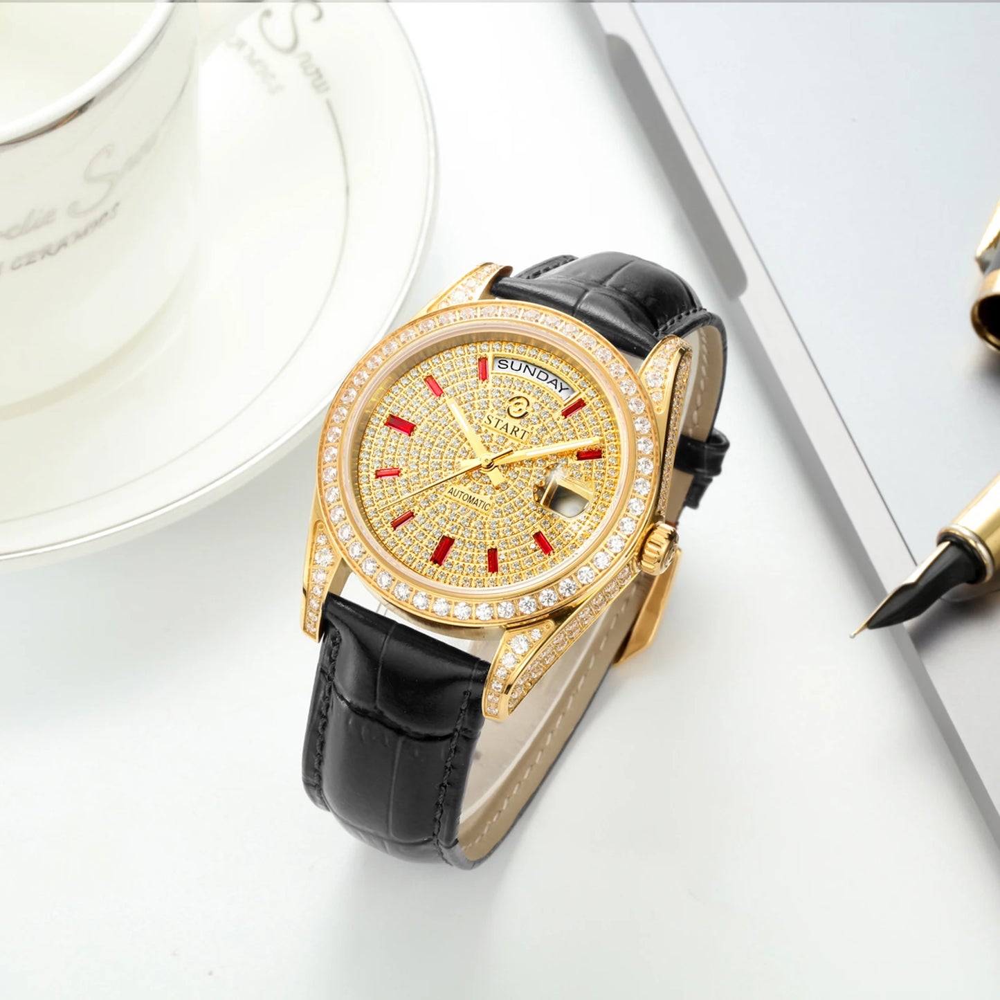 【START】Gypsophila Men's Watch Official Authentic Diamond Watch Waterproof Automatic Mechanical Watch Date Week Function