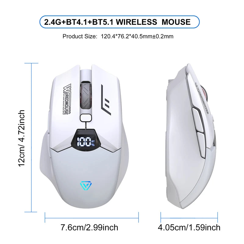 Rato Bluetooth Sem Fios de Modo Duplo com Ecrã Inteligente, Carregamento Silencioso, para Escritório, Gaming e Tablet, Portátil e Universal
