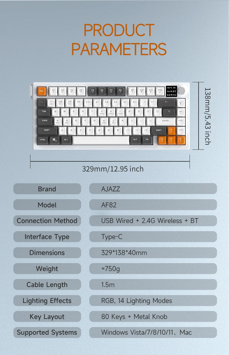 Ajazz AF82 Series 75% Layout Wireless Keyboard with 4000mAh Battery Low Profile Keys Bluetooth Tri-Mode Connectivity RGB