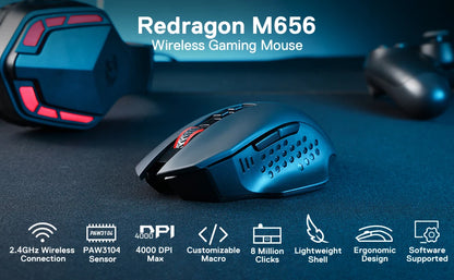 Rato Gaming Sem Fios Redragon M656 Gainer, 4000 DPI 2.4Ghz, Rato Gamer Sem Fios com 5 níveis de DPI, 7 botões macro, retroiluminação LED vermelha