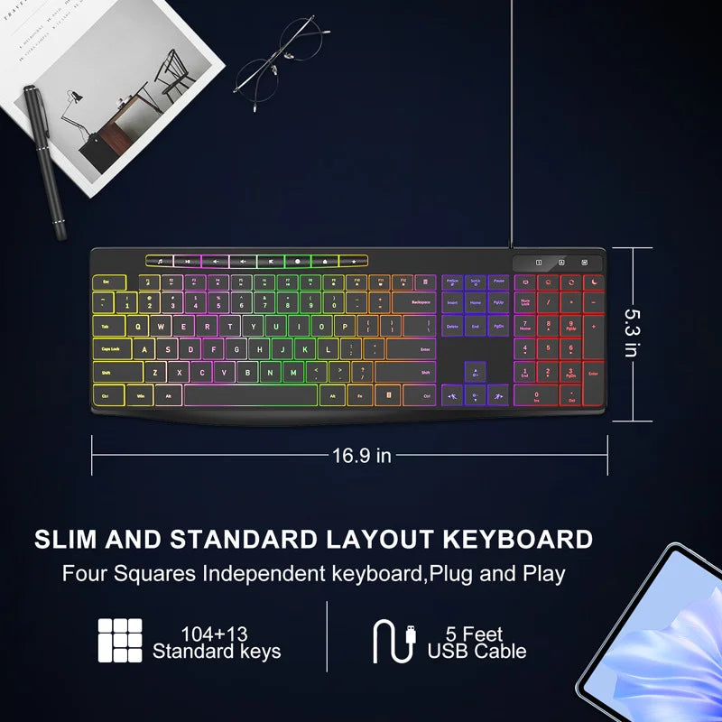 New Wired Light Backlit RGB Mute Keyboard Desktop Notebook Home Business For Office Ultra Thin USB office home