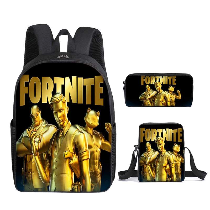 3pcs/set Mochila Fortnite de grande capacidade para estudante, estilo anime e cartoon, estojo, lancheira kawaii, presentes de aniversário
