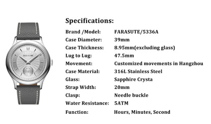 FARASUTE Luxury Mechanical Watch 316L Stainless Steel Case Hangzhou Customized Movement Small Second Hand Dial Men's Watch Gift
